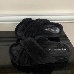 Fabletics Black Plush Crisscross Slide Sandals